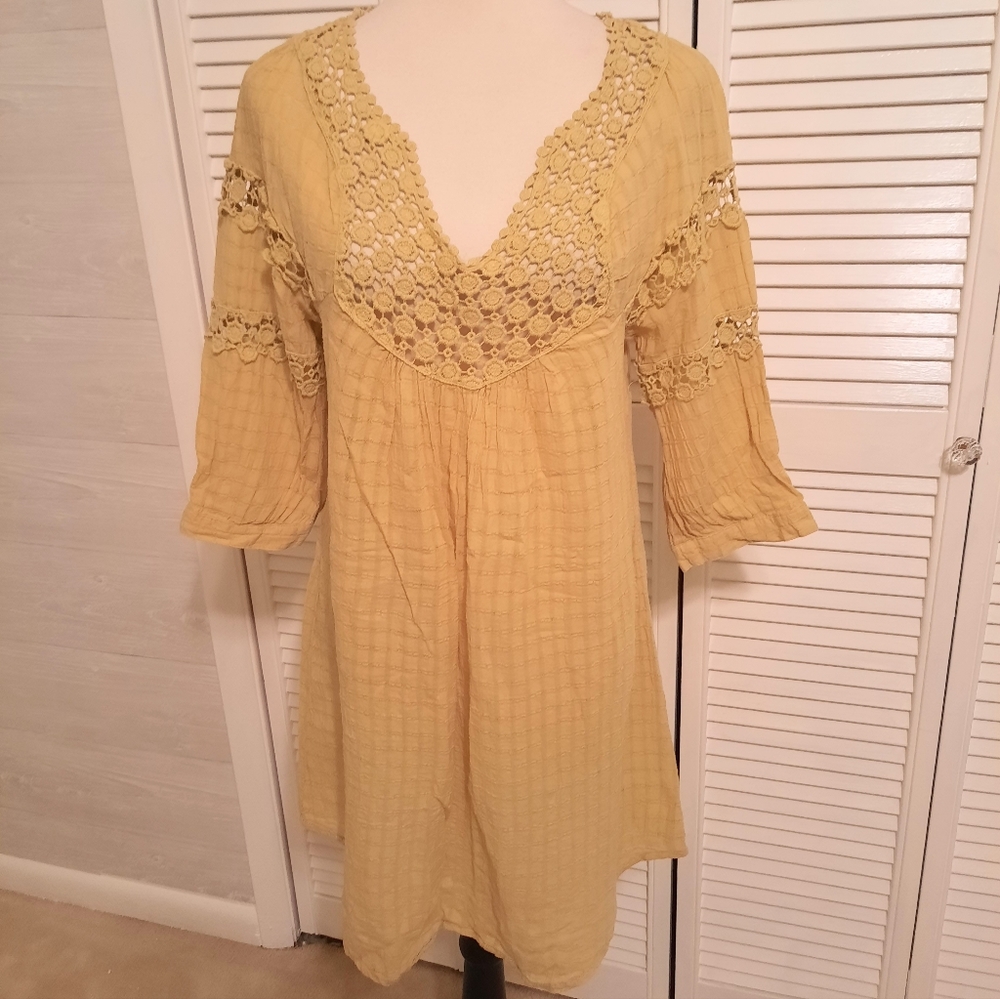 Monoreno mustard boho cotton textured gauze dress medium